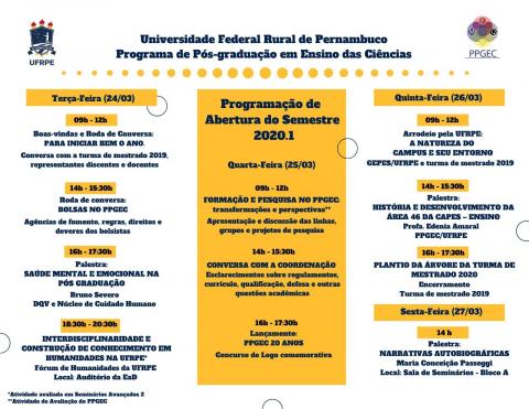 PROGRAMAÇÃO DA SEMANA DE ABERTURA DO SEMESTRE 2020.1 PROGRAMAÇÃO DA SEMANA DE ABERTURA DO SEMESTRE 2020.1