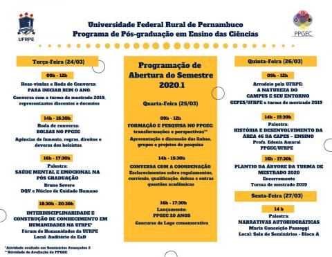 PROGRAMAÇÃO DA SEMANA DE ABERTURA DO SEMESTRE 2020.1