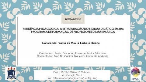 DEFESA DE TESE: VANIA DE MOURA BARBOSA DUARTE. DIA 18/12/2020 ÀS 13H30