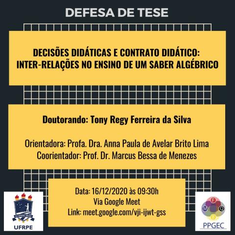 Defesa de tese:  Tony Regy Ferreira da Silva. Dia 16/12/2020 às 9h00