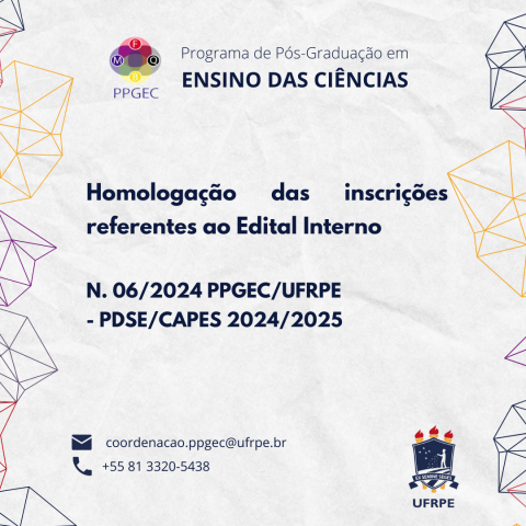 Homologação das inscrições referentes ao Edital Interno N. 06/2024 PPGEC/UFRPE - PDSE/CAPES 2024/2025